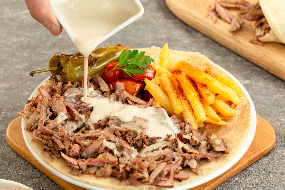 Shawarma on a plate, one of three options (in a pita, in a flatbread, or on a plate)