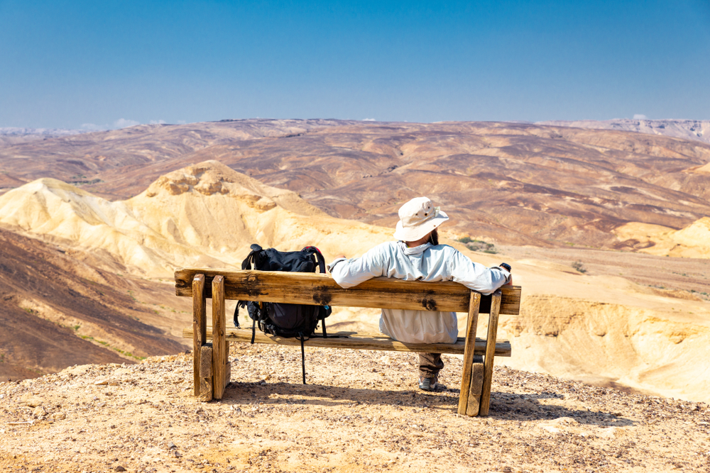 A backpacker taking in a scenic desert landscape in the Negev, Israel