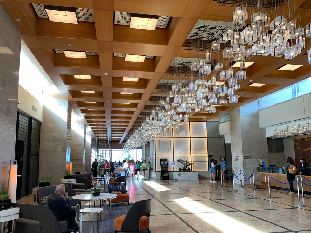 The lobby of the five-star Hilton hotel in Tel Aviv