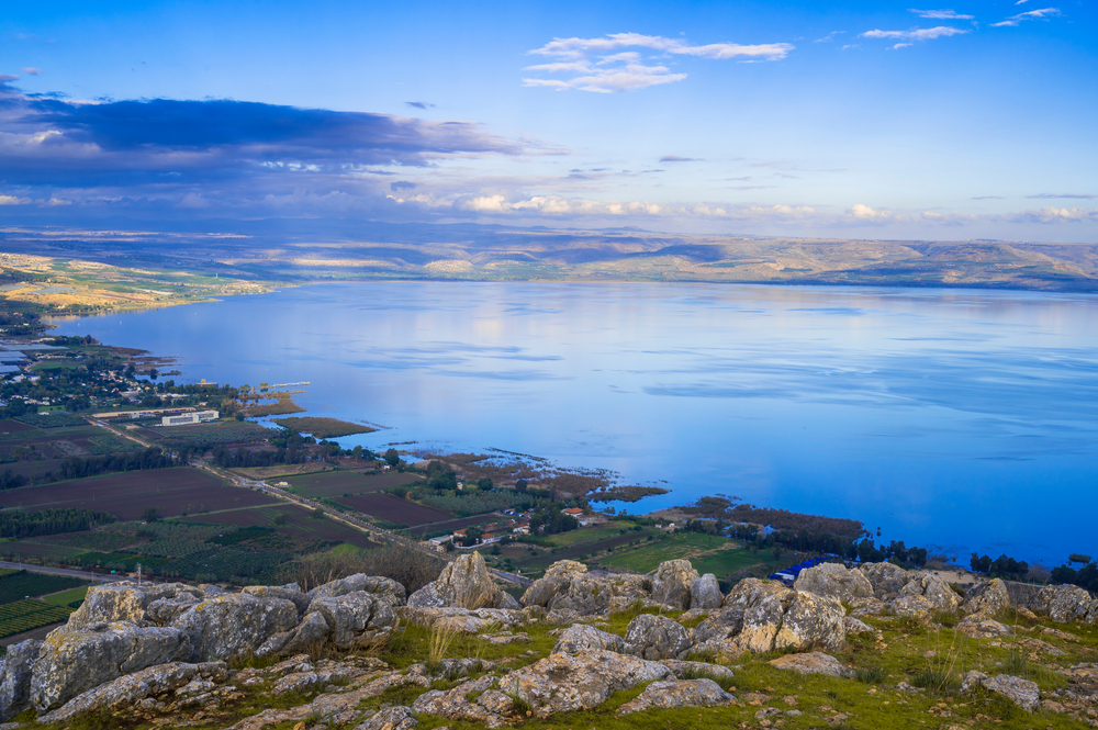 View of the Sea of Galilee from the high cliff of Mount Arbel